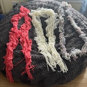 Set of Three Ruffled Scarves - coral, cream and Gray